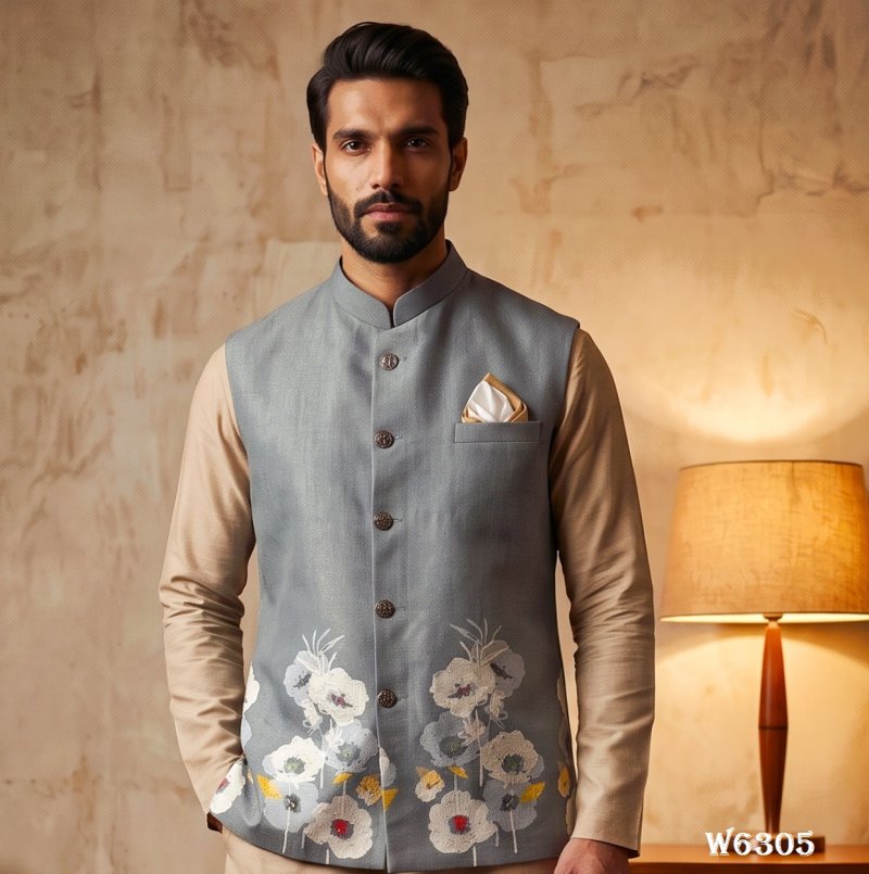 Yellow Outluk Wedding Vol 63 Linen Modi Jacket Kurta Pajama